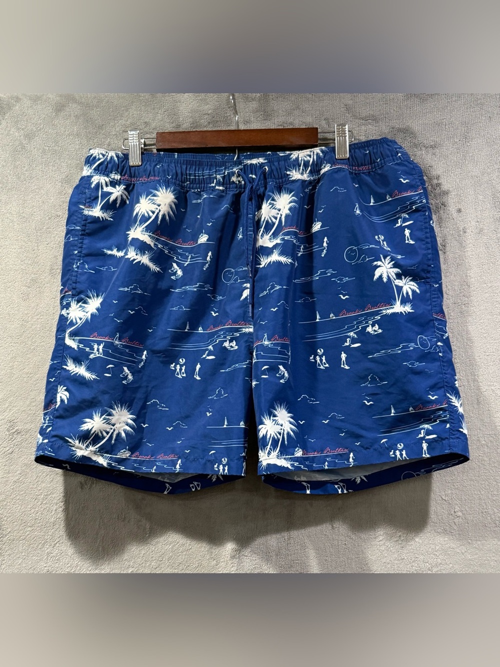Brooks Brothers Mens Swim Trunks Size L Navy Blue Nautical Sailboat Blueprint